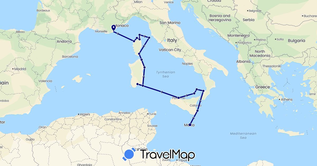 TravelMap itinerary: driving in France, Italy, Malta (Europe)